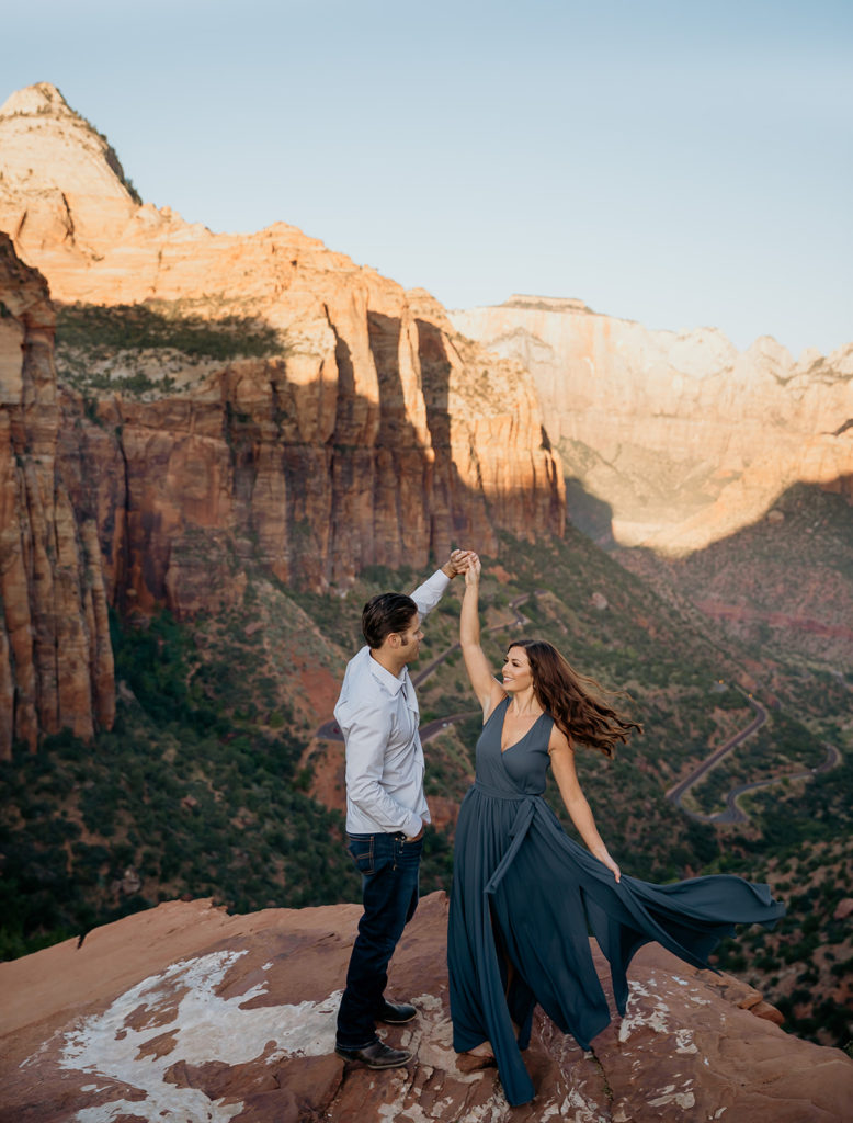 Engagement session at Zion national park at canyon overlook trail