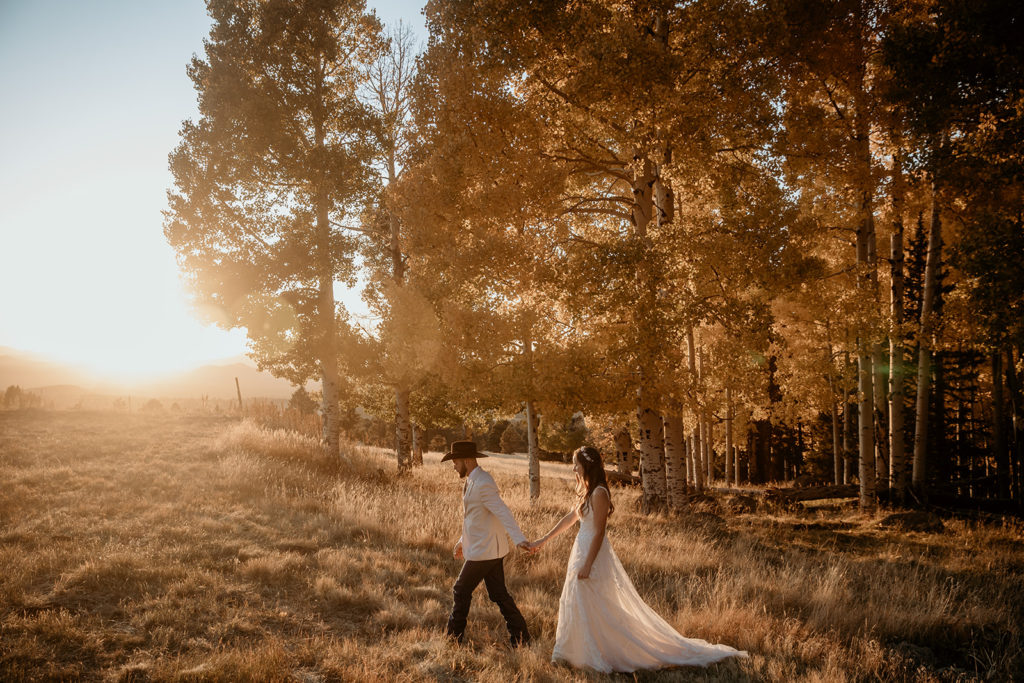 Bride and groom at their autumn elopement in Flagstaff, Arizona.
