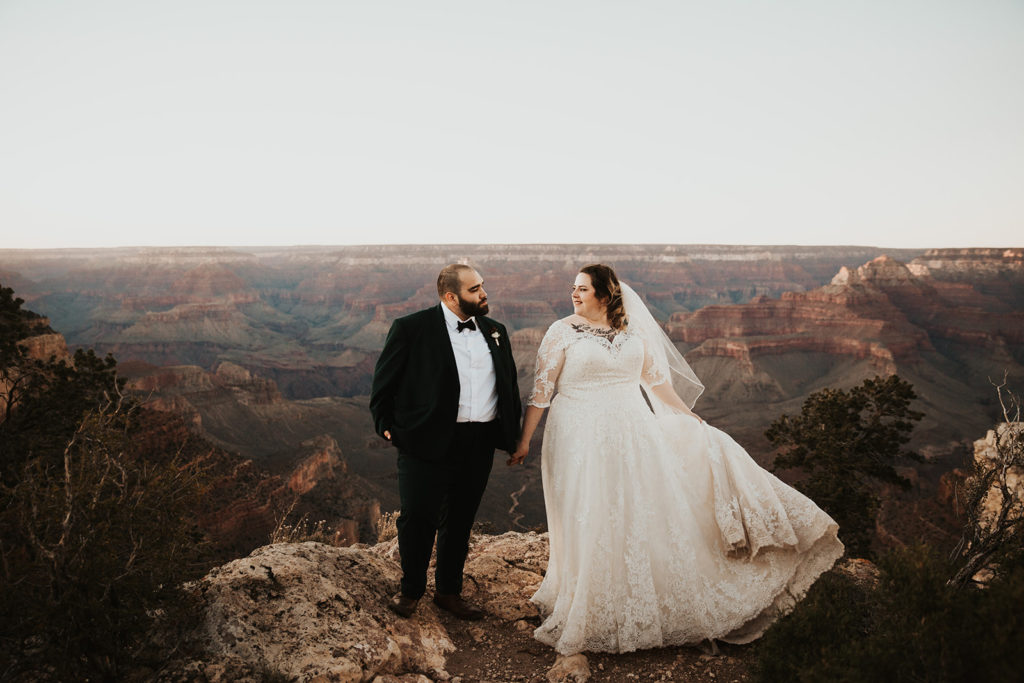 Bride and groom dancing at their wedding at the Grand Canyon
