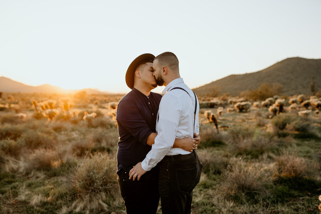 Gay couple at their desert elopement in arizona. 