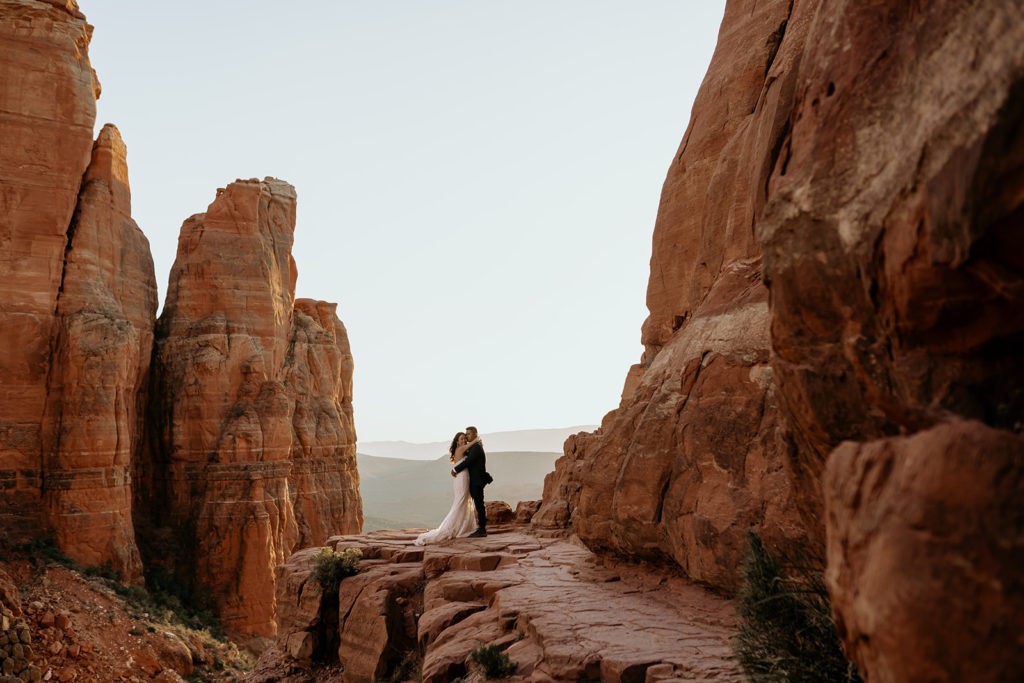Bride and groom at their elopement in Sedona, Arizona at Cathedral Rock
