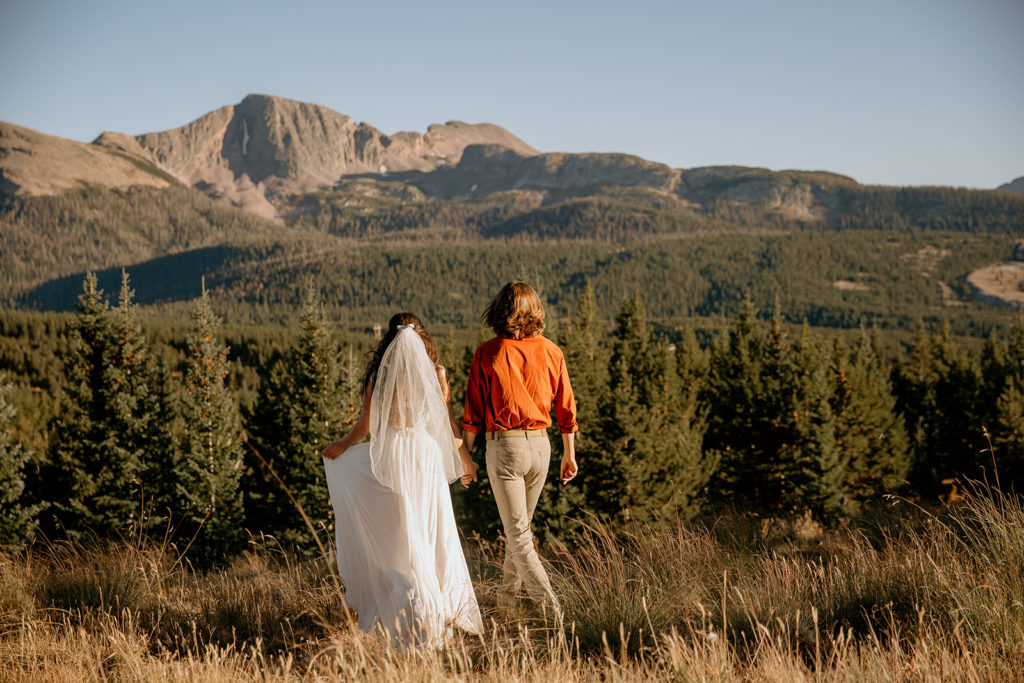 bride and groom hiking at their elopement in Rocky Mountain national park