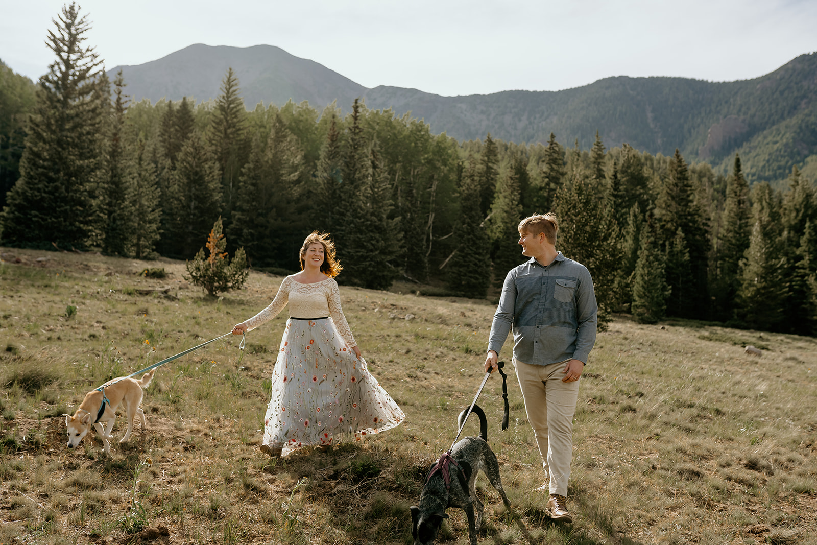 bride and groom hiking with their dogs in a meadow in flagstaff, arizona