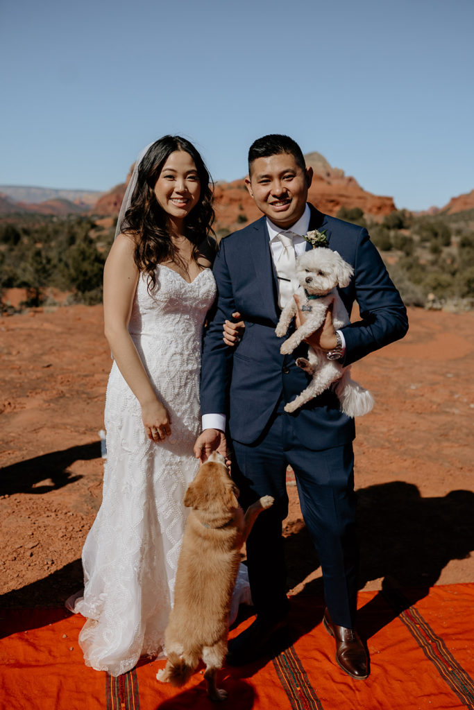 bride and groom holding their small dogs at their elopement in sedona, arizona

