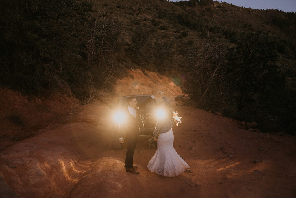 bride and groom at off-roading elopement in sedona